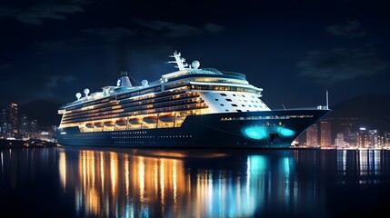 Majestic cruise ship lit up and departing from a picturesque harbor at the dazzling nightfall