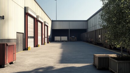 Obraz premium A spacious warehouse exterior featuring tall loading bay doors, a concrete driveway, and freight train cars parked nearby.