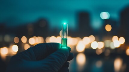 A scientist's hand holds a sleek glass test tube filled with a glowing green liquid, surrounded by a blurred, advanced laboratory setting showcasing innovation
