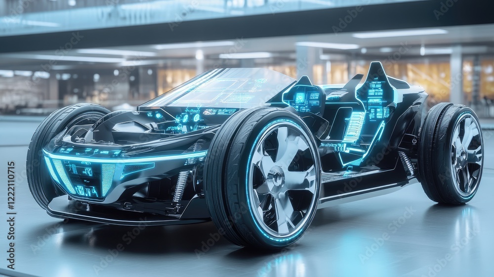 Poster sleek electric vehicle chassis shown with holographic digital interface, offering real-time performa