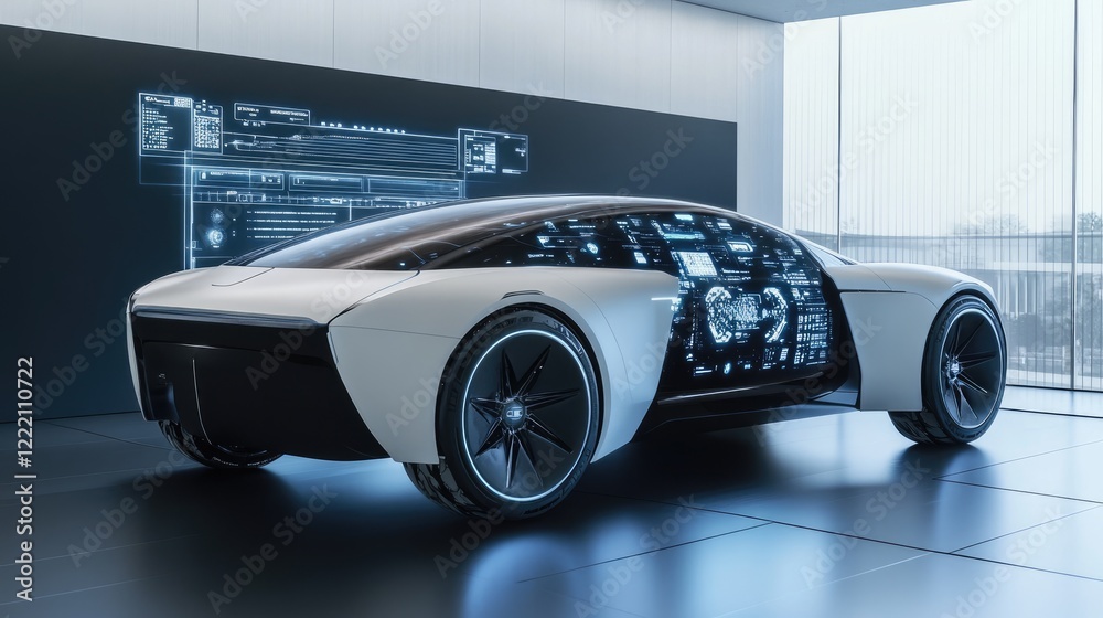 Aufkleber sleek electric vehicle chassis shown with holographic digital interface, offering real-time performa