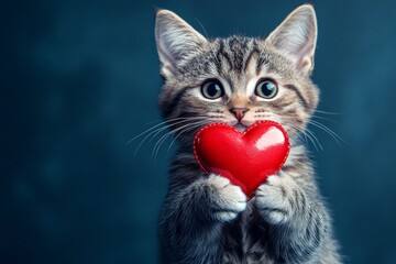 Cute american bobtail baby cat with diamond red heart - emblem of love, funny greeting card. Commercial visual idea. American bobtail - my beloved cat. Valentine's day cat decor. Cute pet.