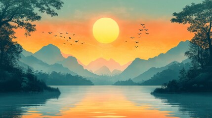 Serene Sunset Over Mountainous Lake With Birds Flying in the Sky A Tranquil Scene of Nature's Beauty