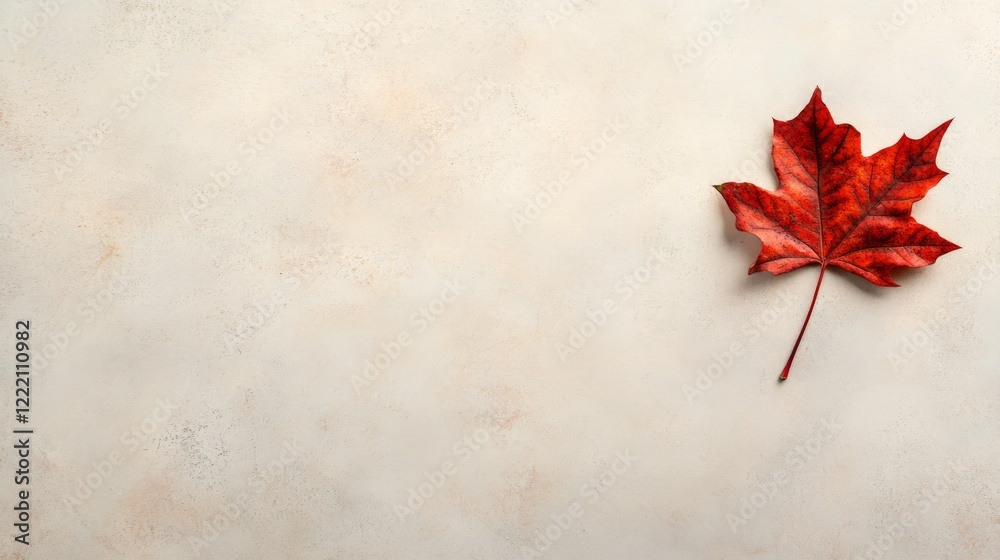 Poster a single autumn leaf in vivid red and orange hues rests on a soft beige surface, emphasizing the det