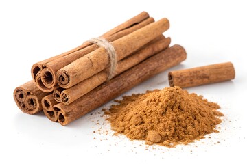 Cinnamon sticks and powder, isolated on white background