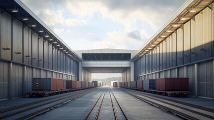Obraz premium A warehouse exterior with corrugated metal walls, high roller doors, and freight cars aligned along a railway track.