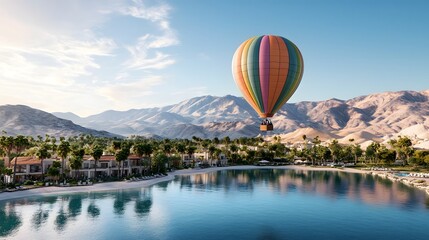 Fototapeta premium Scenic hot air balloon ride floating over a luxurious desert oasis resort with a serene pool lush greenery and stunning mountain landscape in the background