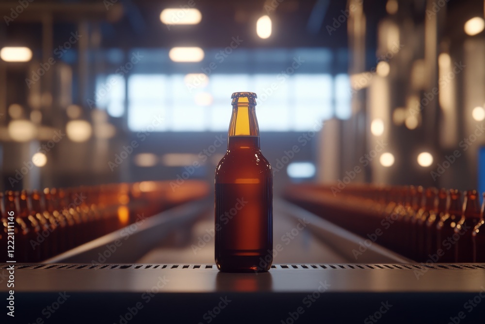 Poster a single amber beer bottle moves along a well-lit conveyor belt in a brewery, showcasing blurred row