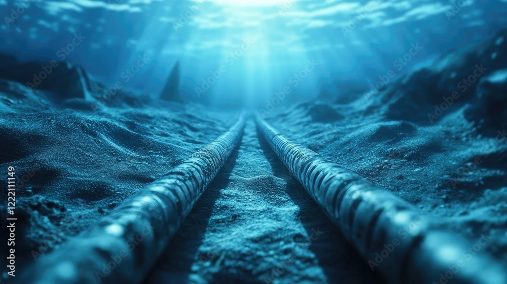Poster submarine fiber optic cables resting on the seabed, transmitting signals that power global internet 