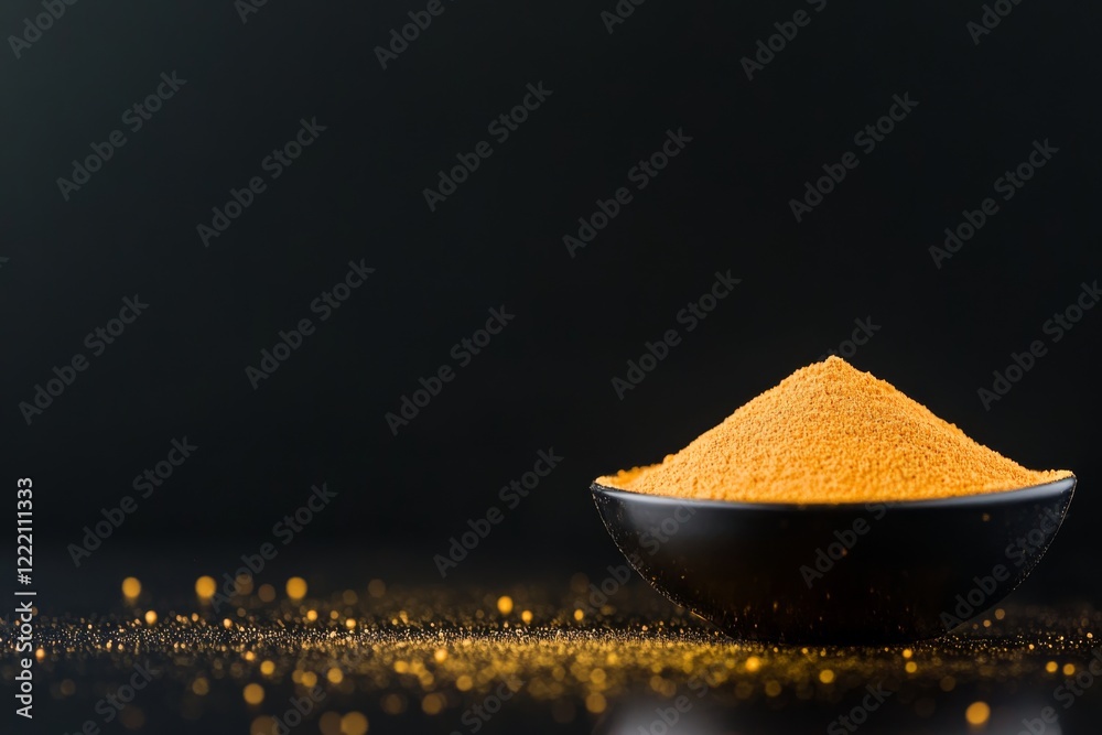 Aufkleber a close-up view showcases a bowl filled with vibrant orange pigment powder on a glossy black surface