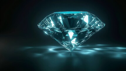 Shimmering Blue Diamond on Dark Background with Sparkling Reflections