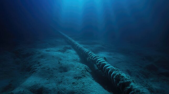 Subsea fiber optic cables on the ocean floor, transmitting data for global internet and communication systems, highlighting technology's vast reach and connectivity