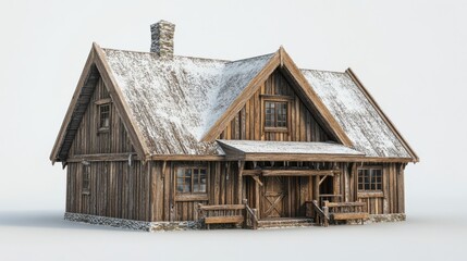 Cozy Wooden Cabin Surrounded by Snowy Landscape in Winter Scene