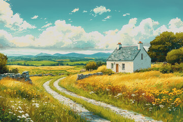 Fototapeta premium Agricultural irish traditions depicted in a vibrant painting showcasing a picturesque house nestled in a lush green field surrounded by traditional elements of irish culture and heritage