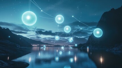 Fototapeta premium Surreal scene with floating glowing orbs connected by wireless signals, representing a futuristic landscape of energy, technology, and seamless connection