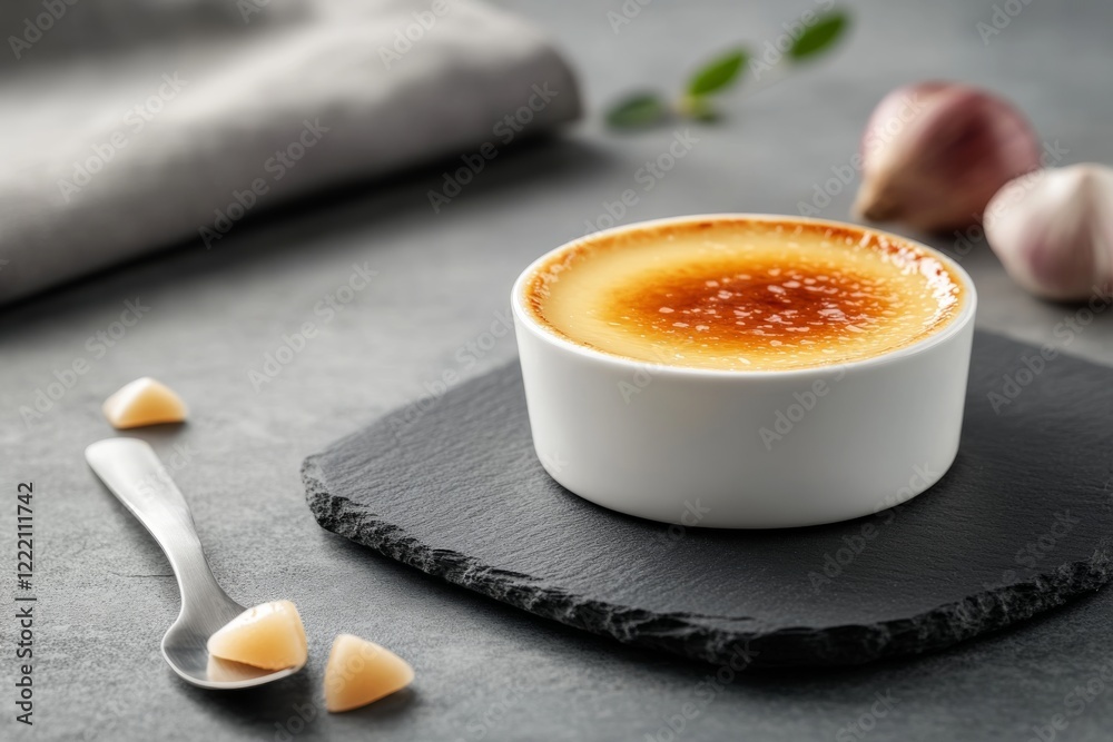 Poster delight in a creamy creme brulee topped with a golden caramelized sugar crust, set on a textured sla