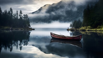 Fototapeta premium A small canoe silently glides across the serene misty waters of a tranquil mountain lake surrounded by the ethereal and atmospheric presence of the rugged towering peaks