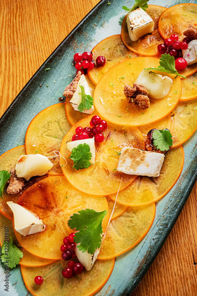 Wall mural persimmon carpaccio with cheese and berries