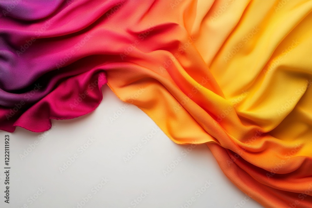 Poster Close-up view of a colorful fabric scrap in a swirl of rainbow hues on a white background, showcasing rich texture and soft shadows for visual depth