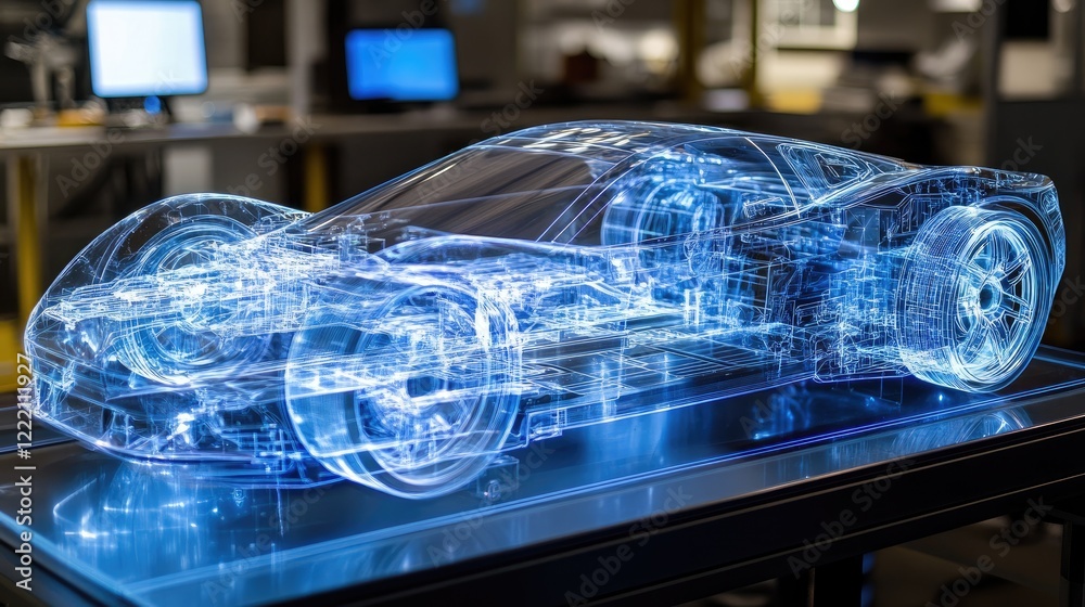 Aufkleber the chassis of an electric sport car displayed in an automated factory, shown as a holographic model