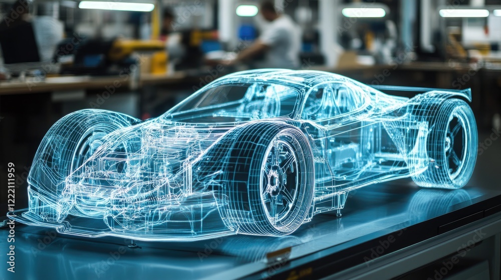Poster The chassis of an electric sport car displayed in an automated factory, shown as a holographic model with intricate design details, emphasizing precision engineering