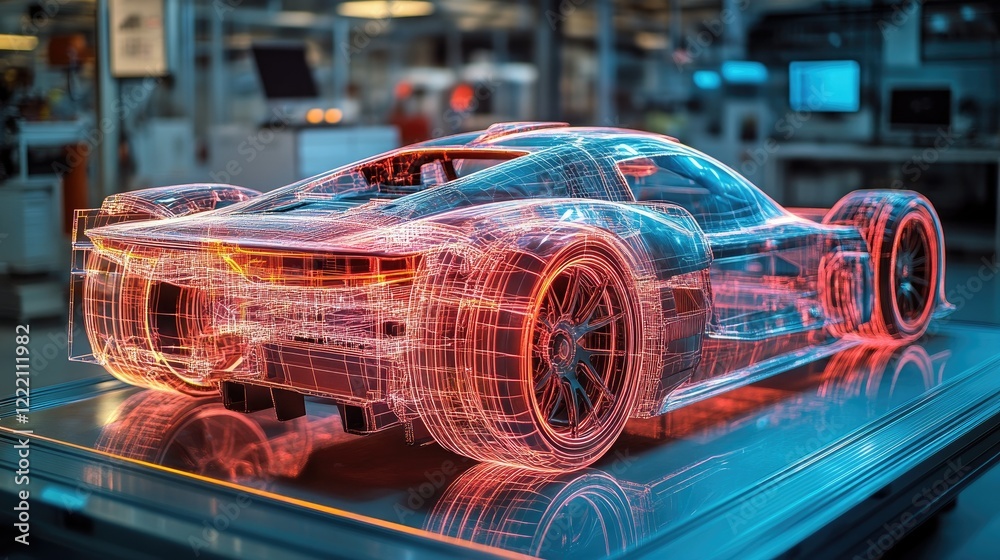 Poster The chassis of an electric sport car displayed in an automated factory, shown as a holographic model with intricate design details, emphasizing precision engineering