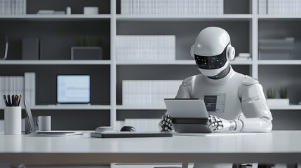 Sleek and modern AI powered workspace with robot analyzing data on computer screens in a minimalist futuristic office setting  Concept of advanced technology analytics