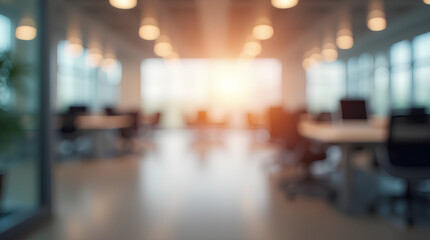 Obraz premium Blurred empty open space office. Abstract light bokeh at office interior background for design.
