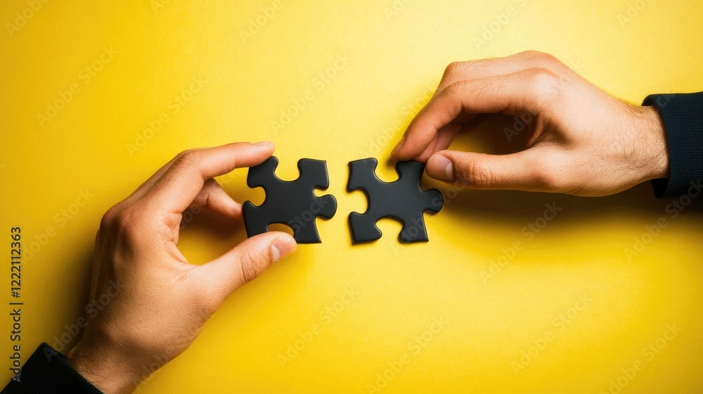 Poster two hands connecting puzzle pieces on a bright yellow background, symbolizing the concept of finding