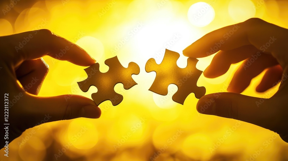 Poster two hands connecting puzzle pieces on a bright yellow background, symbolizing the concept of finding