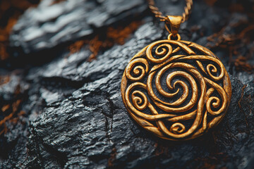 Celtic spiral jewelry gold pendant on a rock showcasing intricate design and craftsmanship perfect for nature lovers and enthusiasts of unique accessories and celtic heritage styles