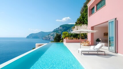 Fototapeta premium Stunning Mediterranean coastal villa with an infinity pool overlooking the shimmering blue waters and lush