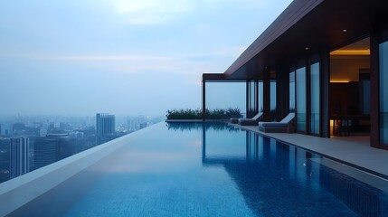 Stunning modern luxury penthouse with a lush rooftop garden and infinity pool offering breathtaking panoramic views of the city skyline below