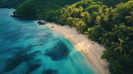 Obraz premium Tropical paradise with lush green palm trees, turquoise waters, and golden sand