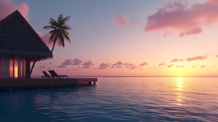 Stunning sunset scene of an overwater villa with lounge chairs in a tropical paradise setting perfect for couples seeking a serene and romantic getaway