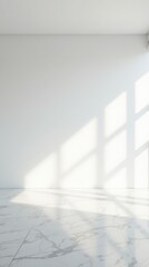 Obraz premium Empty Gallery Space With A Large Blank White Wall, Marble Floor, Contemporary Design, Clear And Minimalist Concept