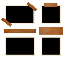 Set of empty retro photo, adhesive tape strips. Photograph blank element for scrapbooking. Masking...