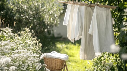 White linen sheets and clothes hanging in the fresh air of a lush garden, with a wooden stool and basket of laundry placed nearby, symbolizing rustic charm and tranquility