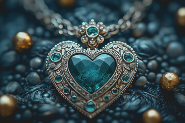 Obraz premium Close-up of claddagh jewelry featuring a stunning heart-shaped locket adorned with a beautiful green stone showcasing intricate craftsmanship and elegant design elements for jewelry lovers