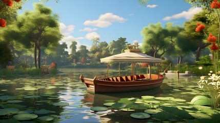 Obraz premium Charming paddleboat gracefully gliding across a serene and tranquil park lake surrounded by lush greenery and a peaceful natural setting
