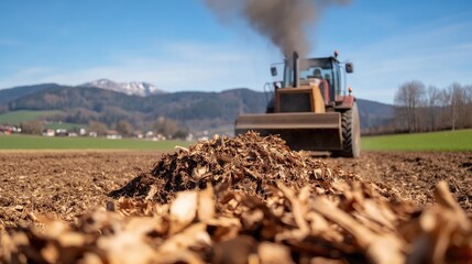 Tractor Spreading Compost: A powerful tractor spreads rich compost across a freshly plowed field, preparing the land for planting in a scenic landscape with mountains in the background.