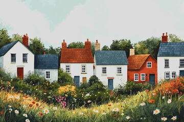Cozy irish village homes are beautifully depicted in this charming painting showcasing a row of quaint houses nestled in a lush green field capturing the essence of rural tranquility and heritage