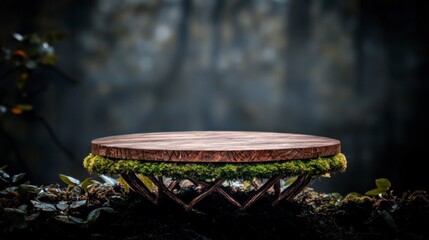Naklejka premium Enchanted Forest Wooden Podium Product Display Mockup