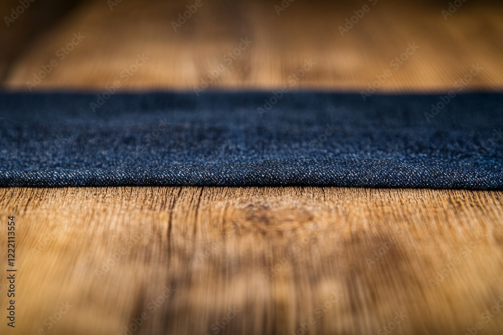 Aufkleber a pair of folded blue denim jeans rests elegantly on a rustic wooden table, emphasizing the rich tex