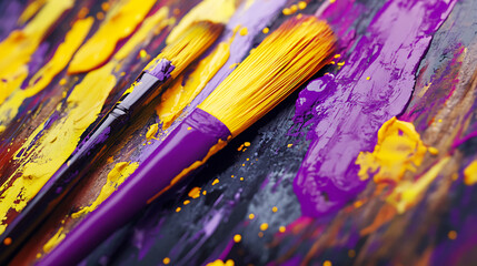Fototapeta premium A close-up of yellow and purple paintbrushes resting on a wooden palette with splashes of colorful paint creating a harmonious artistic atmosphere 