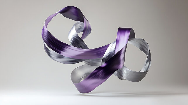 A dynamic scene of purple and silver ribbons swirling in the air creating a harmonious and elegant dance in a minimalist studio setting 