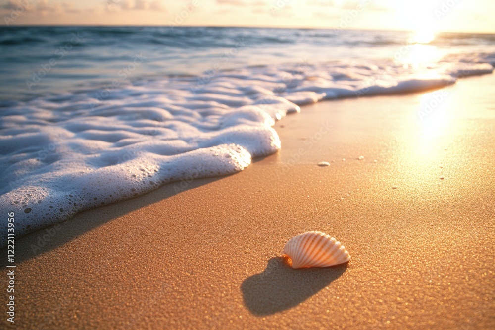 Fototapete A single seashell rests on the soft sand as gentle waves lap at its edges, illuminated by the warm glow of the setting sun in the backdrop