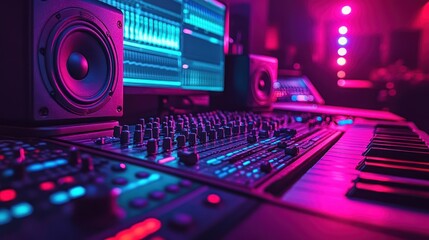 Fototapeta premium Music studio setup with mixer, speakers, keyboard, and computer screen in vibrant pink and blue lighting.