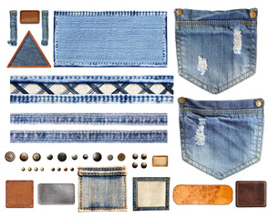 Set of jeans detail. Collection of denim trouser and jacket elements - pocket, metal button and...