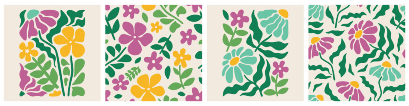 Fototapeta Doodle floral seamless pattern colorful set. Creative trendy flower collage or posters and floral pattern collection. Vintage cartoon hand drawn nature simple spring elements